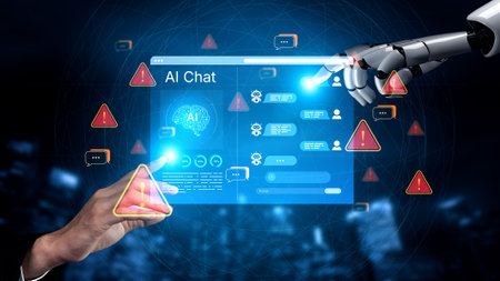 Cybersecurity concept featuring an AI detector scanning digital content for deepfakes and...