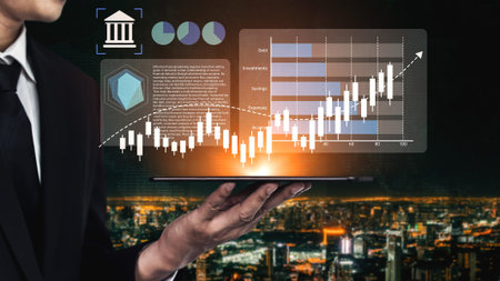 A businessman stands with a tablet showcasing financial data and graphs, against a bustling city...