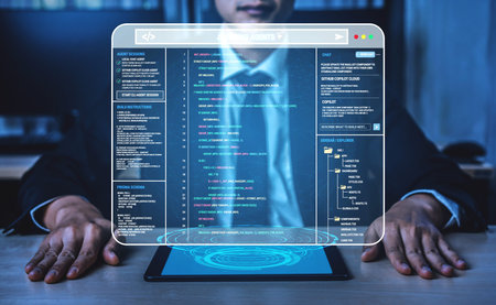 Professional in Business Attire Interacting with Futuristic Interface Displaying Code and Data...