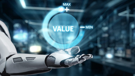 A futuristic robot hand presents a digital value scale in a high-tech environment, symbolizing...