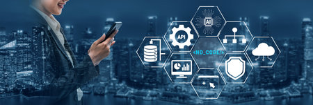 Business Professional Using Smartphone with Digital Icons Representing Technology, Cloud Computing,...