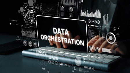 Business Professional Engaged in Data Orchestration with Digital Interface and Graphical Elements on...