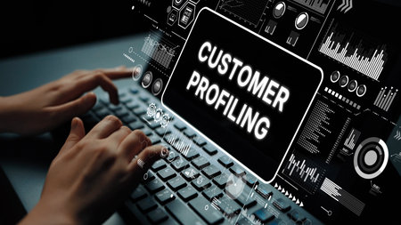 Close-Up View of Hands Typing on Keyboard with Digital Customer Profiling Data Displayed on Screen....