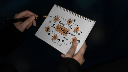 A hand holds a pen over a notepad displaying a mind map on ethics. This image captures the...