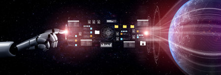 A captivating depiction of a futuristic robot interface in deep space, featuring dynamic digital...