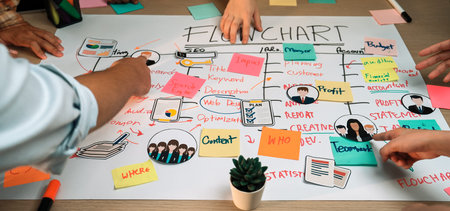 A dynamic scene of a collaborative brainstorming session with multiple hands engaging with a...