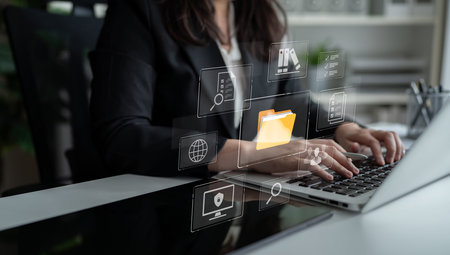 Concept of a document management system for corporate file archiving. This digital platform provides...