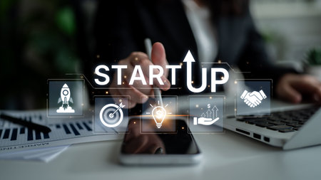 Concept of a new startup business venture. The process includes innovation, setting targets,...