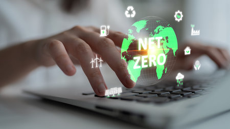 Net zero and digital sustainability combine to promote green energy, eco-business models, and environmental balance in future operations.の写真素材