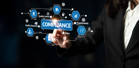 A businesswoman engages with a futuristic compliance interface, emphasizing quality control and...