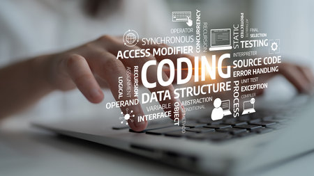 Close-up view of a hand typing on a keyboard with dynamic coding terms surrounding it, symbolizing...
