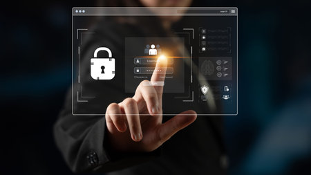 Concept of cybersecurity and data privacy. A secure login interface requires user authentication...