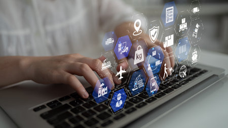 Icons illustrate delivery, supply chain, warehouse, and shipping. Connects global trade, optimizes...