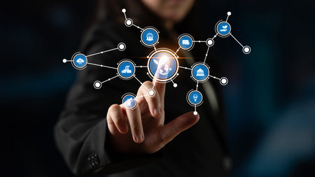 A business professional interacts with a digital interface, representing connectivity and...