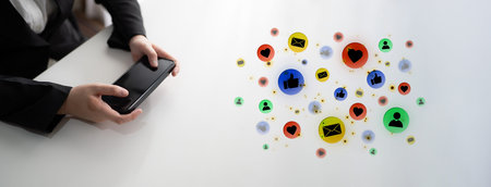 Concept of digital marketing and online communication. A network of user engagement is shown through...