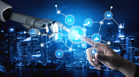 A robotic arm and a human hand connect in a futuristic setting, symbolizing technology and...