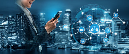 A professional interacts with a smartphone while surrounded by digital connectivity icons,...