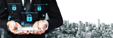 Concept of cybersecurity and a secure network. Multiple layers of data encryption and firewall...