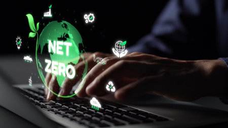 Net zero and sustainability concepts with environmental balance, digital sustainability icons, green...