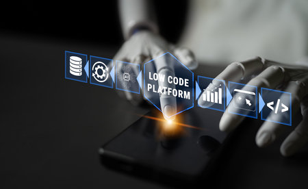 Low Code Platform Concept with Digital Interface and Touch Screen Interaction Representing Modern...