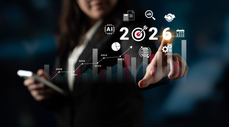 Bar graphs, charts, and number 2026 with AI and data analysis icons symbolizing future business...
