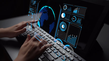 High-tech global network connection interface showing worldwide digital communication, data...