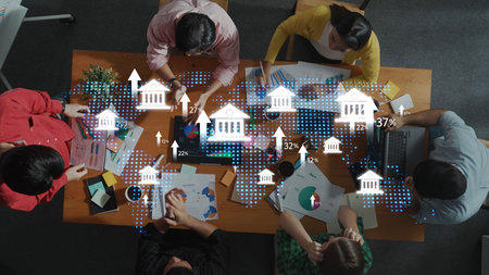 A diverse group of professionals collaborates in a modern office, analyzing business data and...