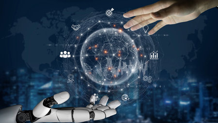 AI connecting global business network, processing data exchange, analyzing economic trends, and supporting digital infrastructure through intelligent worldwide systems.の写真素材