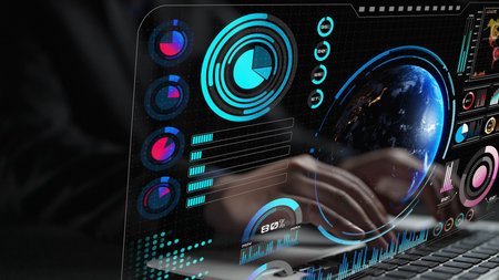 High-tech global network connection interface showing worldwide digital communication, data...