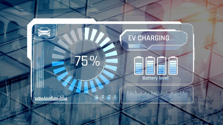 Charging interface for electric vehicles showing real-time battery level, charging status, power...