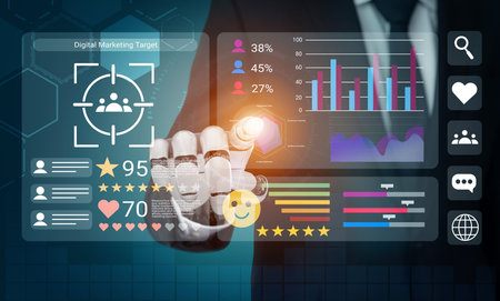 Interactive digital marketing analysis showcases metrics and targets on a touchscreen interface,...