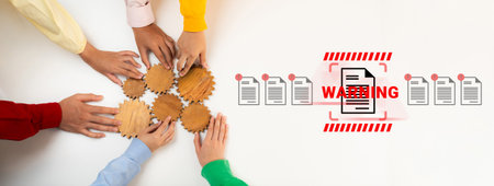 Diverse hands collaborate to assemble wooden gears, symbolizing teamwork and strategy, accompanied...