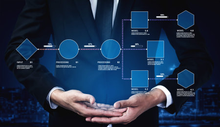 Businessman Presenting Data Processing Workflow with Models and Steps for Visualization of Analysis and Decision-Making in Digital Context.の写真素材