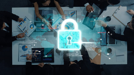 A business team collaborates on a data security strategy, utilizing digital lock symbols and charts,...