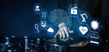 Digital Transformation Concept with Hands Holding Tablet Surrounded by Technology Icons Representing...