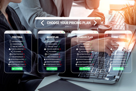 Modern Pricing Plan Comparison Display on Laptop Background with Focus on Subscription Options and...