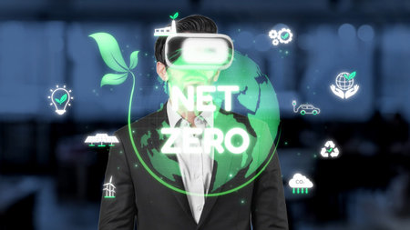 A professional man engages in virtual reality to explore sustainable practices aimed at achieving...