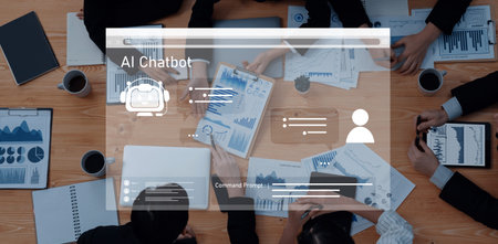 A diverse team collaborates on an AI chatbot project in a modern office. Data charts and digital...