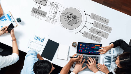 A dynamic business meeting showcasing collaborative teamwork with a focus on artificial...