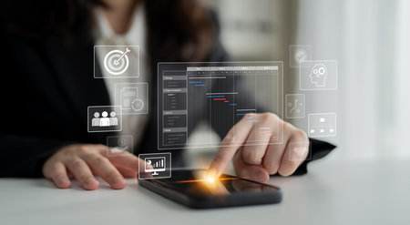 Project management dashboard showing timeline, tasks, milestones, and workflows for planning,...