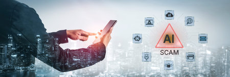 Cybersecurity concept featuring an AI detector scanning digital content for deepfakes and...