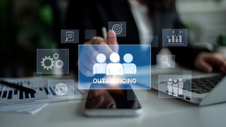 Outsourcing concept showing collaboration, delegation, global workforce, productivity, and task...