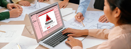 Cyber attacking concept. Malware alert showing on computer screen display scam and threat detection...