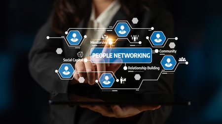 A professional individual interacts with a touchscreen showcasing people networking concepts,...
