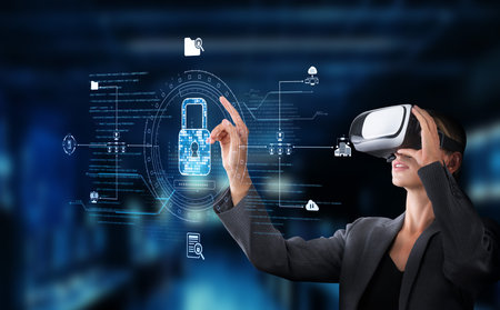 A professional male using virtual reality technology to enhance cybersecurity practices, focusing on...