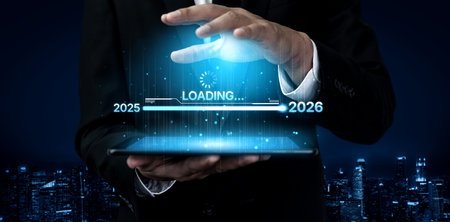 Visualizing the shift from 2025 to 2026. Progress bar symbolizing advancement, strategic foresight,...