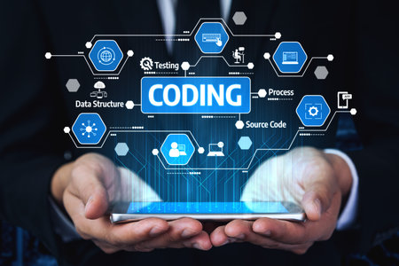 Hands hold a smartphone displaying a vibrant coding concept with various digital icons representing...