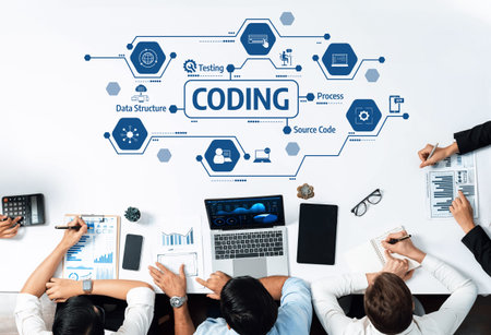 A diverse team collaborates over a table with digital icons representing various coding and software...