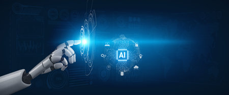AI drives global digital transformation by connecting cloud, robotics, machine learning, and data systems to enhance innovation and secure smart networks worldwide. Vouchの写真素材