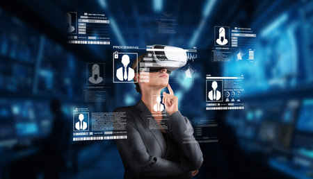 A businesswoman engages with a virtual reality headset, accessing layered personal data in a...